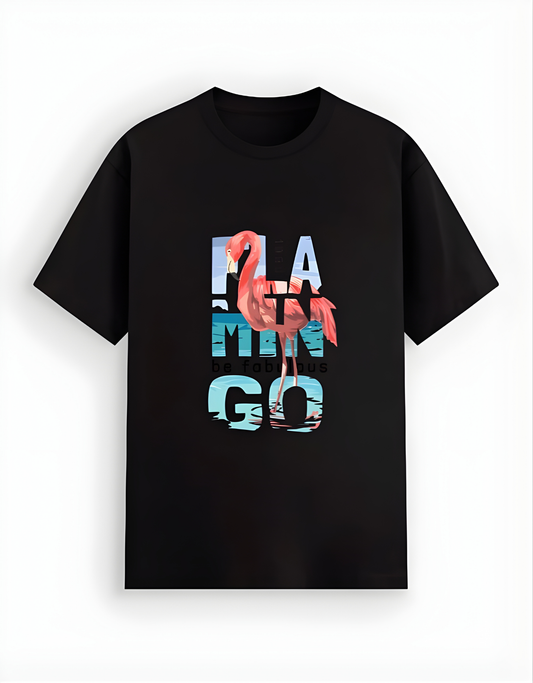 Black t-shirt with a flamingo graphic and text on a white background