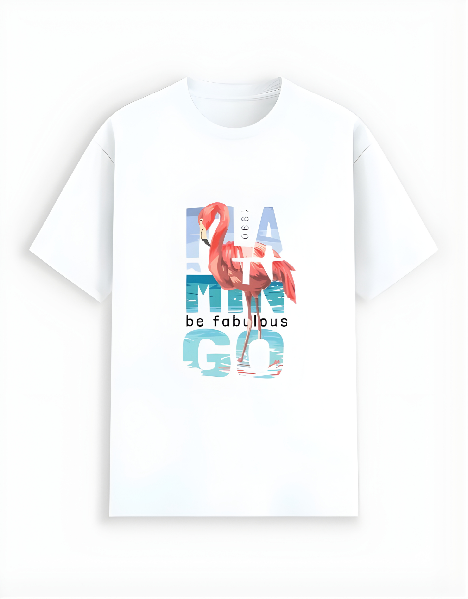White t-shirt with flamingo graphic and text on a white background