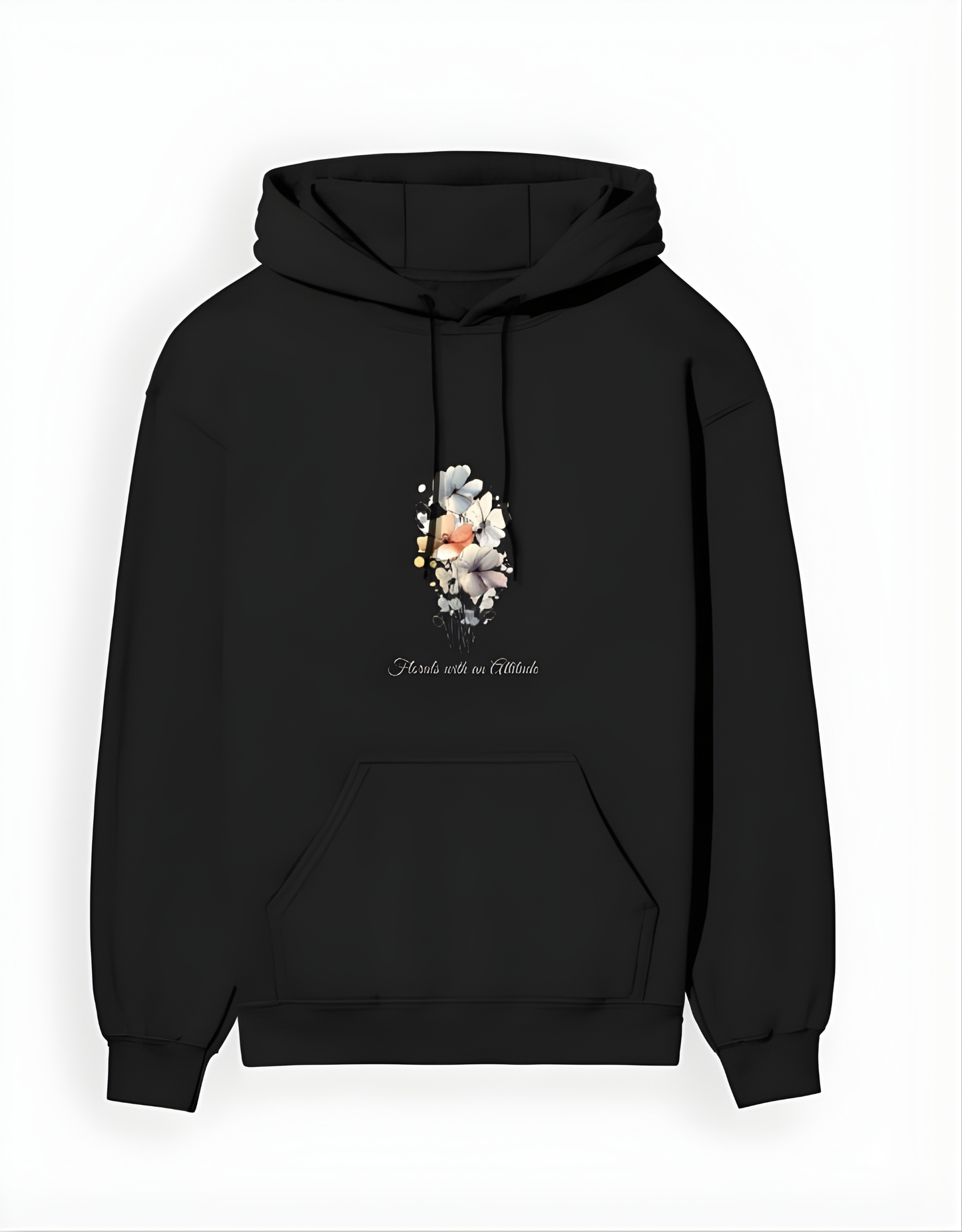 Black hoodie with floral design and text on a white background