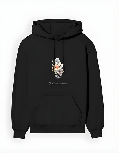 Black hoodie with floral design and text on a white background