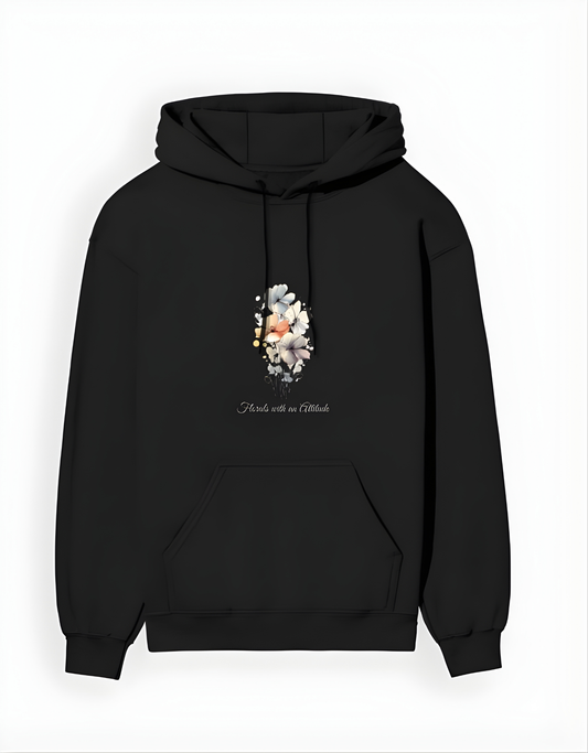 Black hoodie with floral design and text on a white background