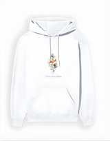 White hoodie with floral design on a white background