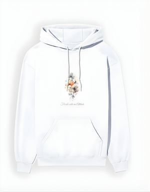 White hoodie with floral design on a white background