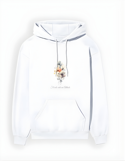 White hoodie with floral design on a white background