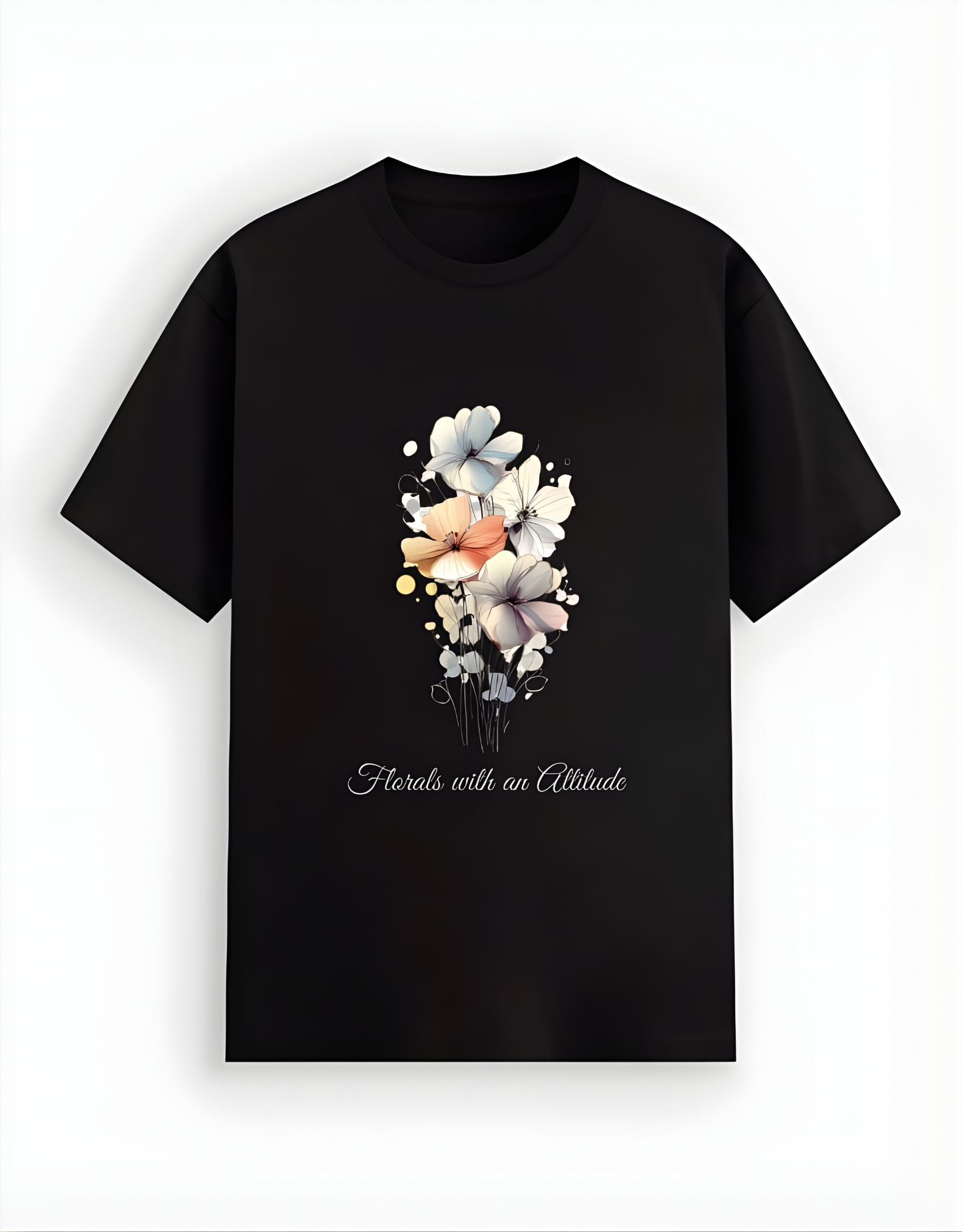 Black t-shirt with floral design and text on a white background