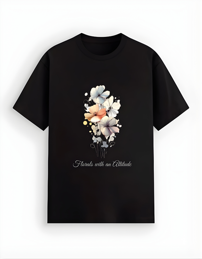 Black t-shirt with floral design and text on a white background
