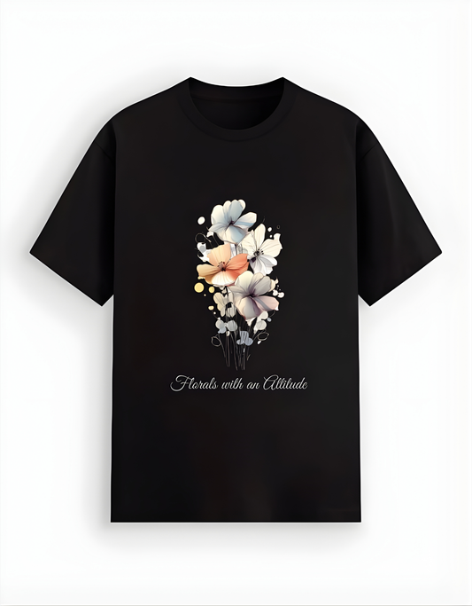 Black t-shirt with floral design and text on a white background