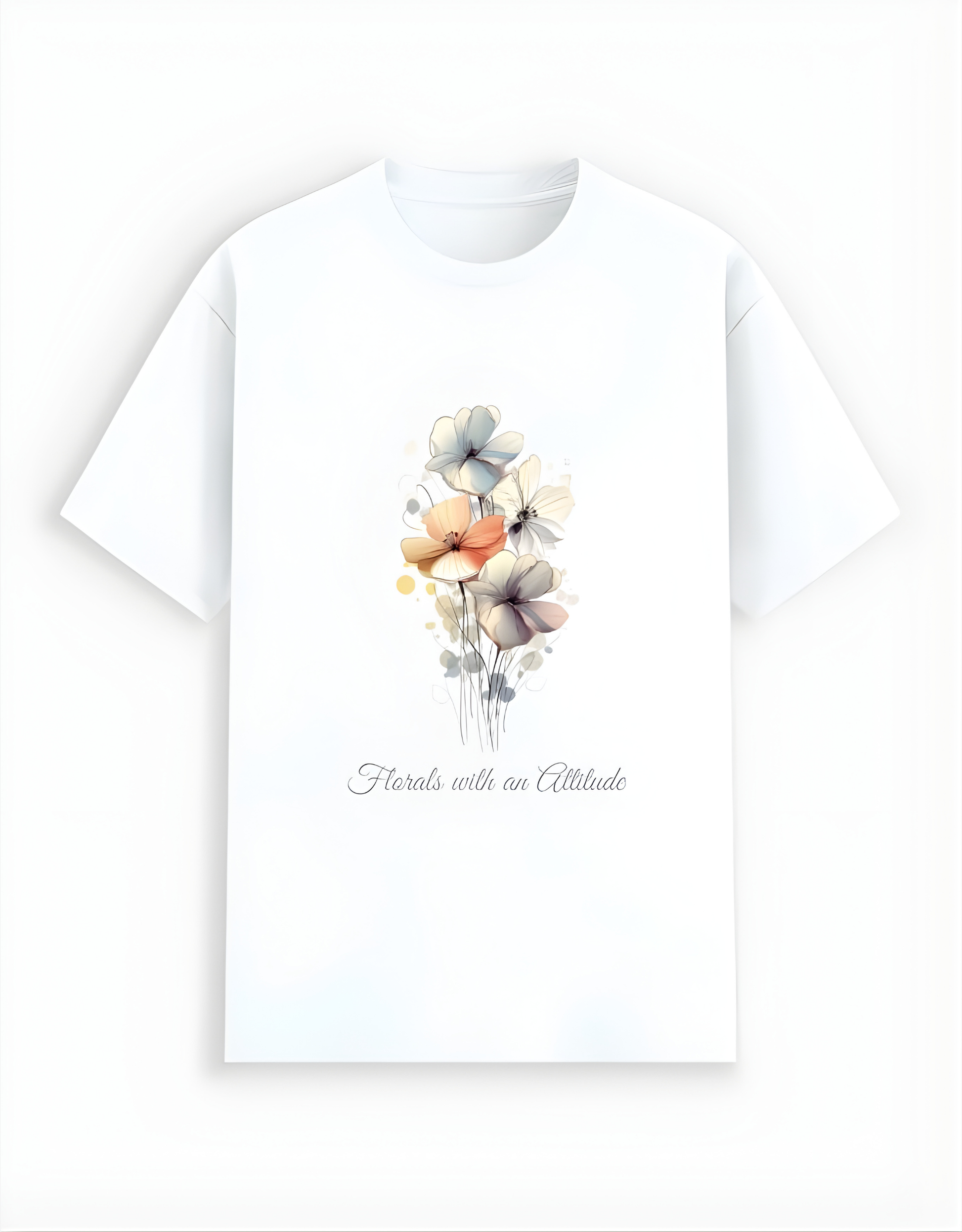 White t-shirt with floral design and text on a white background