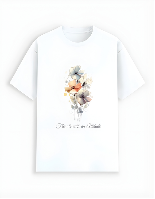 White t-shirt with floral design and text on a white background