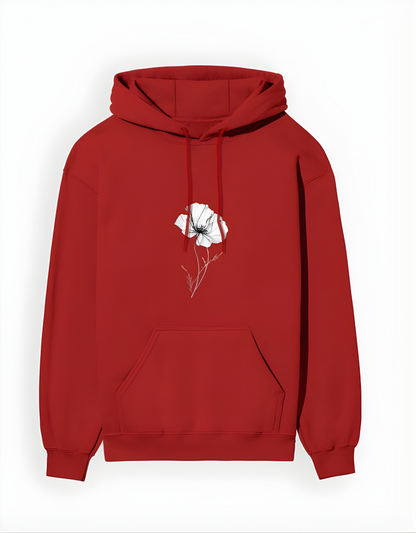 Red hoodie with a white flower design on a white background