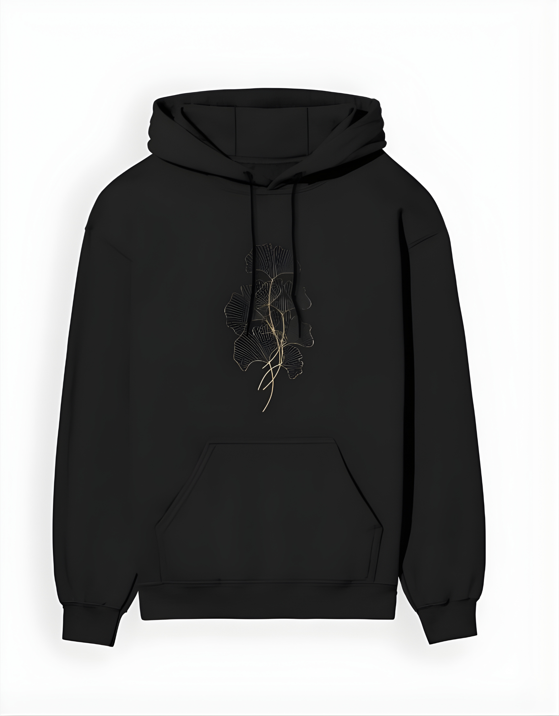 Black hoodie with a unique design on the chest against a white background