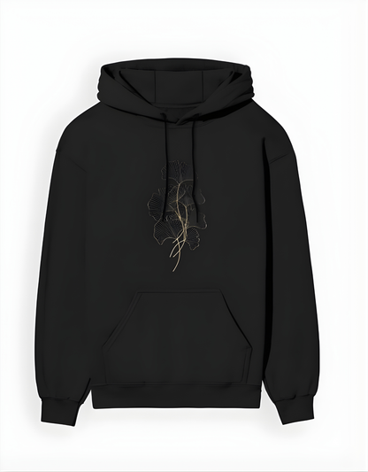 Black hoodie with a unique design on the chest against a white background