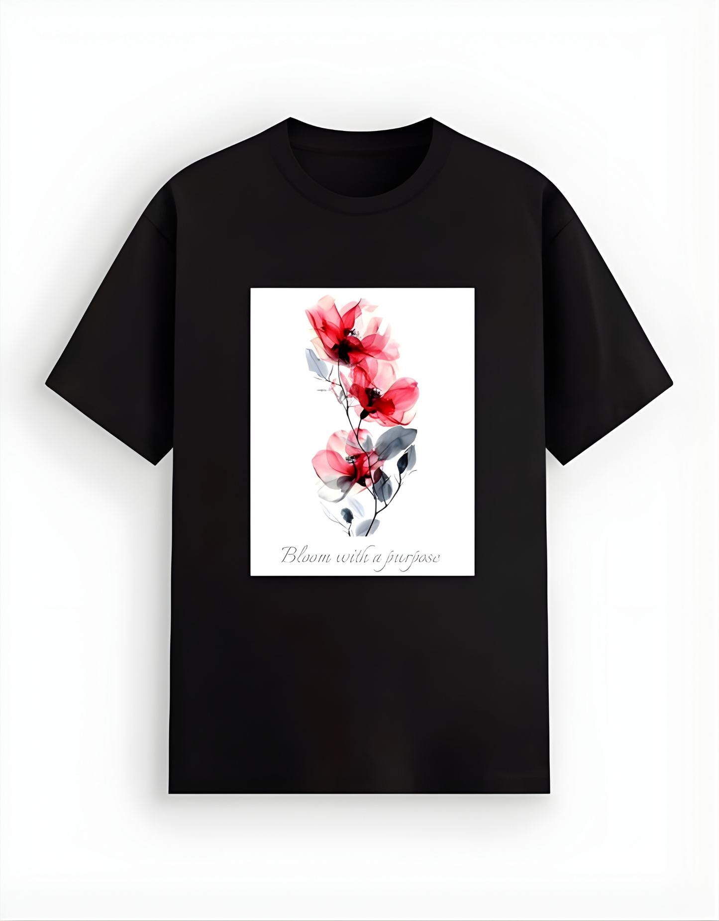 Black t-shirt with a floral design on a white background