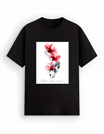 Black t-shirt with a floral design on a white background