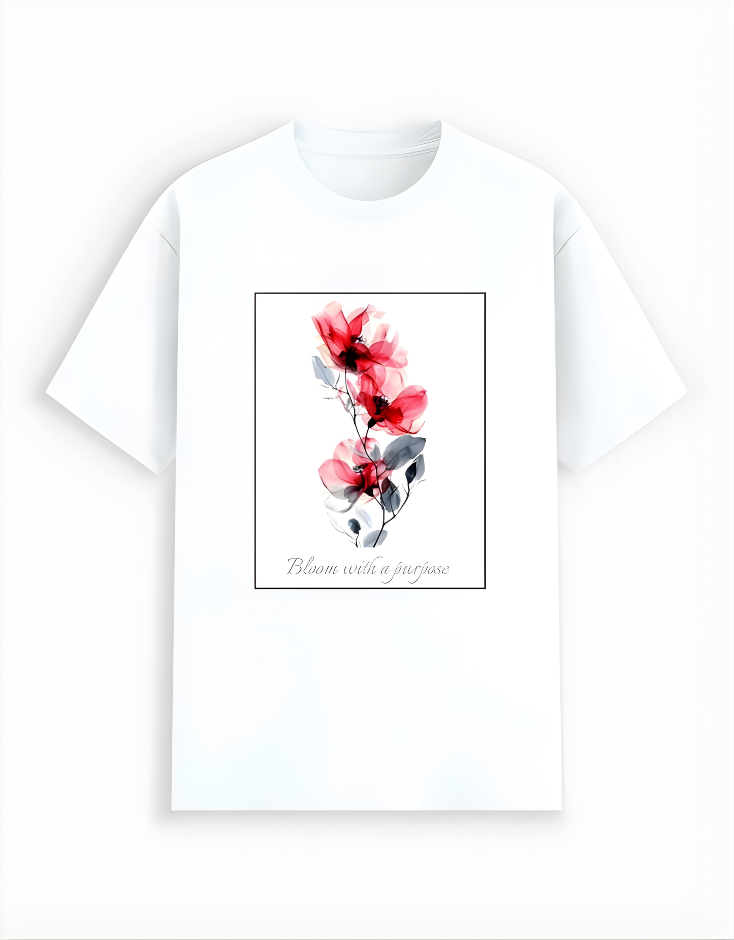 White t-shirt with a floral design on a white background
