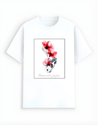 White t-shirt with a floral design on a white background