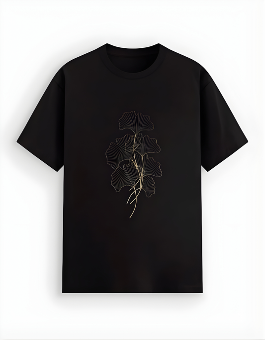 Black t-shirt with a floral design on a white background
