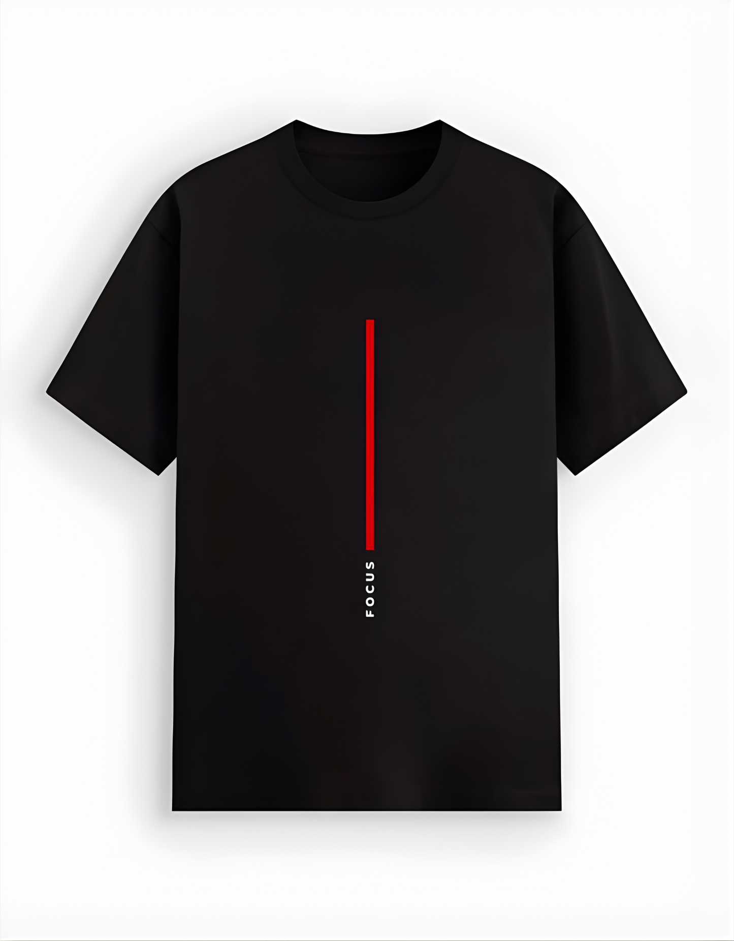 Black t-shirt with a red line and 'FOCUS' text on a white background