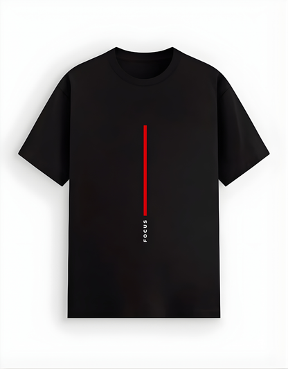 Black t-shirt with a red line and 'FOCUS' text on a white background