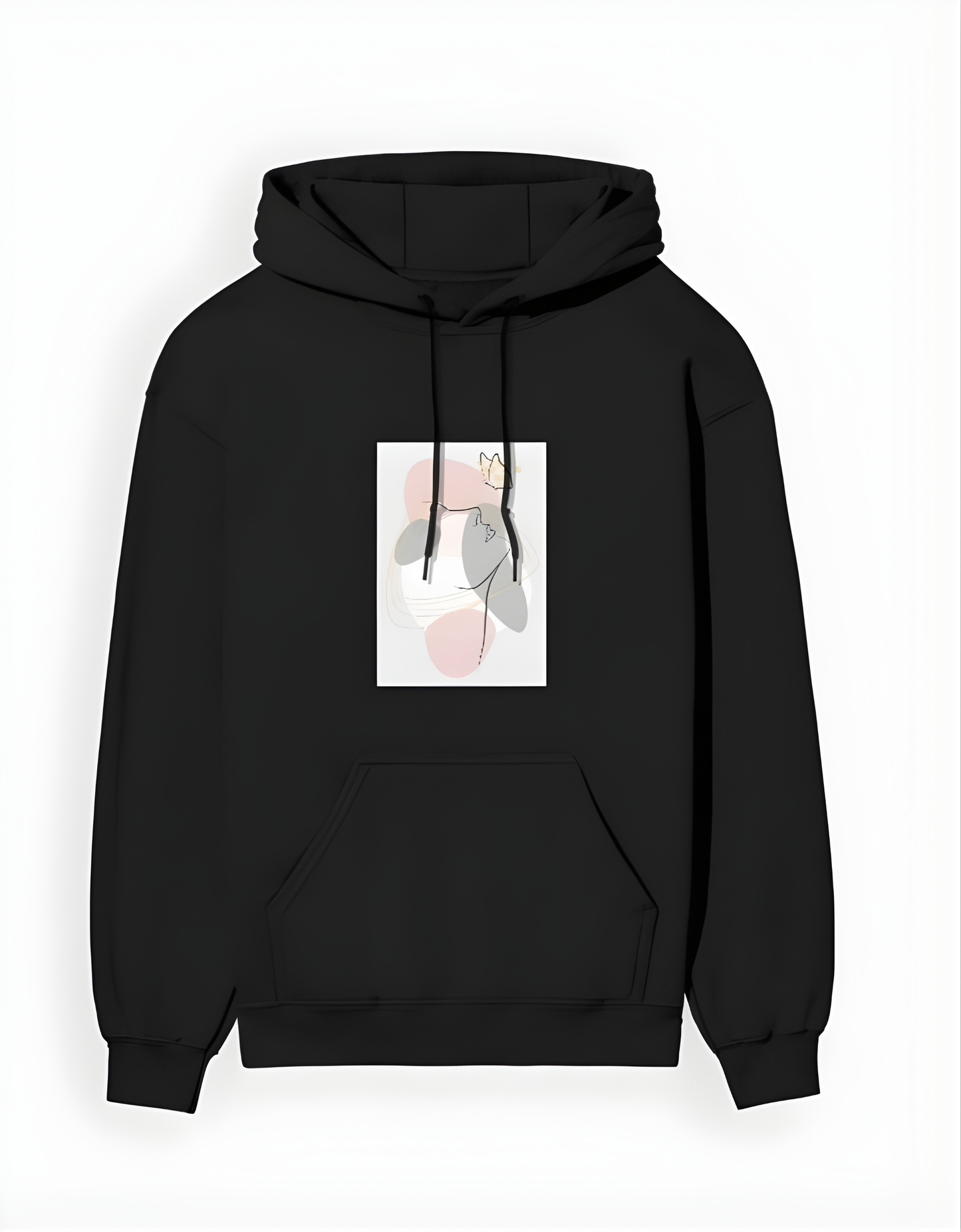 Black hoodie with a graphic design on the chest against a white background