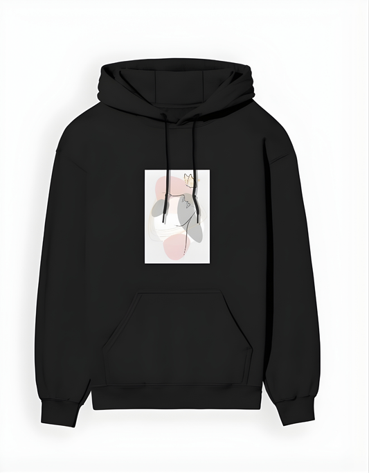 Black hoodie with a graphic design on the chest against a white background