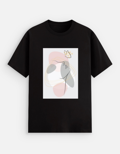 Black t-shirt with a graphic design of two abstract figures and a butterfly on a white background