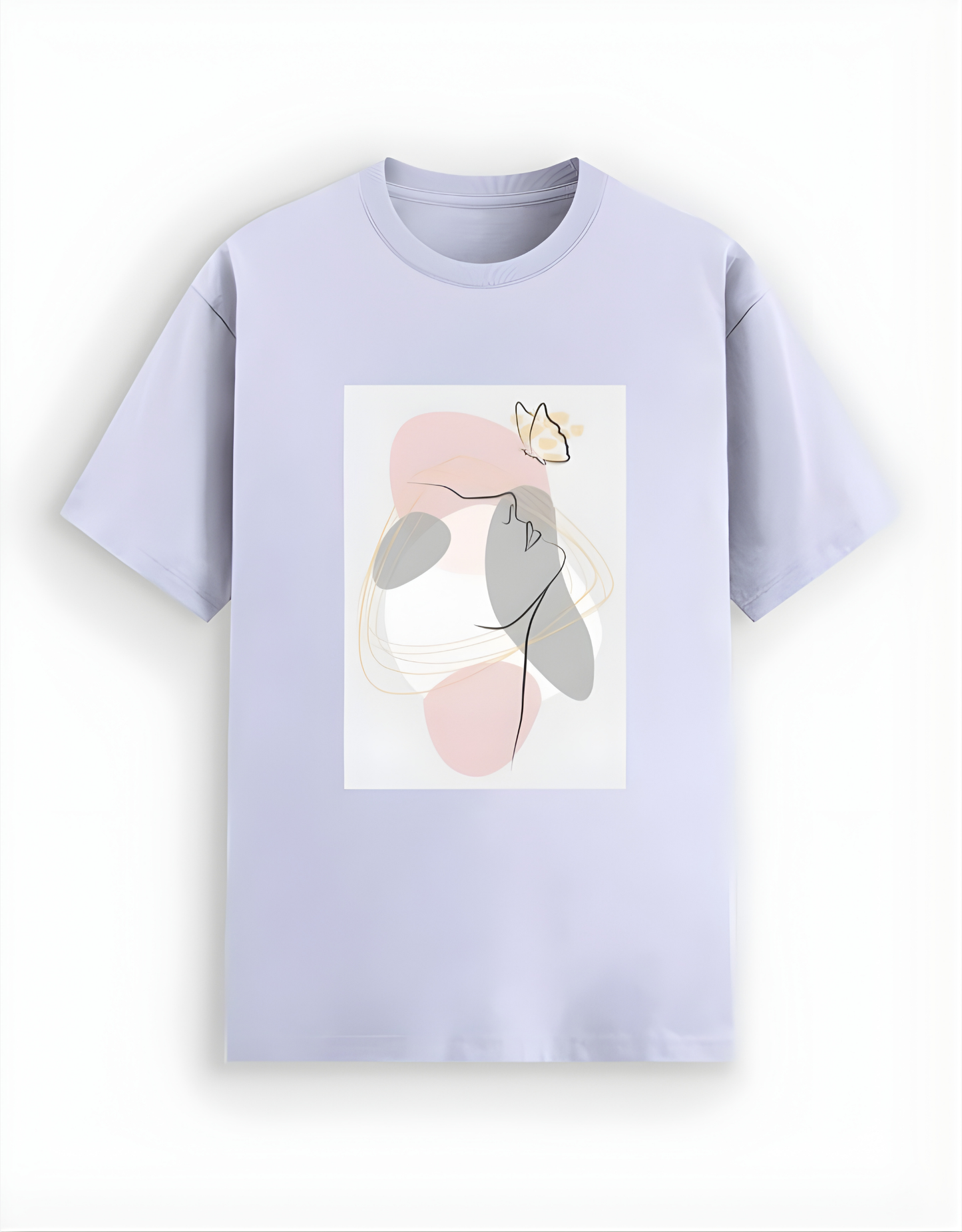 Light purple t-shirt with abstract art design on a white background