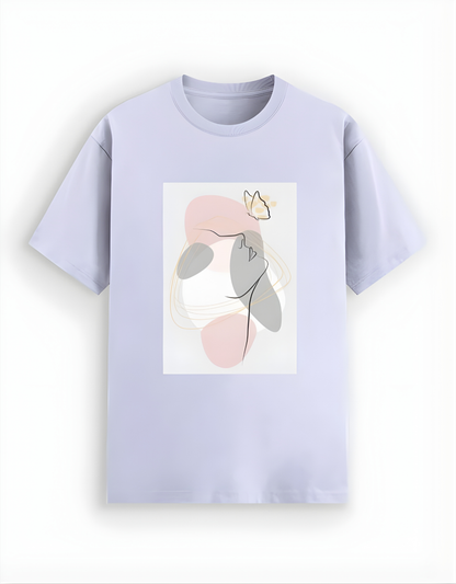 Light purple t-shirt with abstract art design on a white background