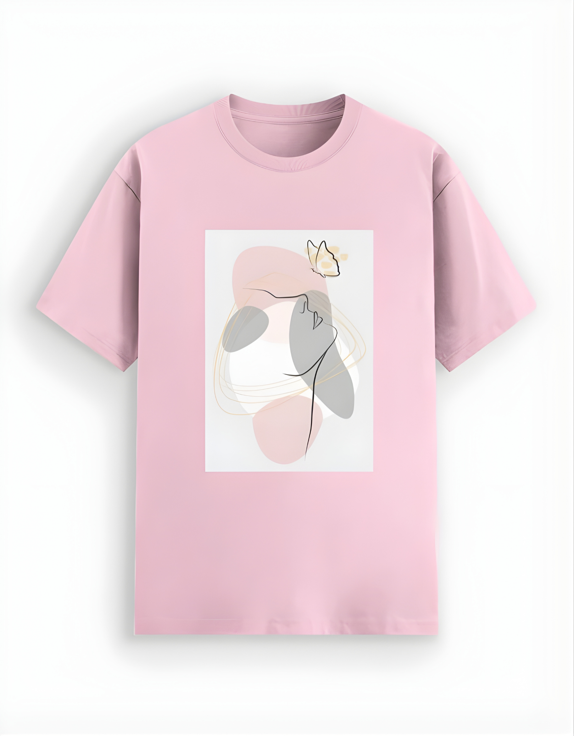Pink t-shirt with a graphic design on a white background