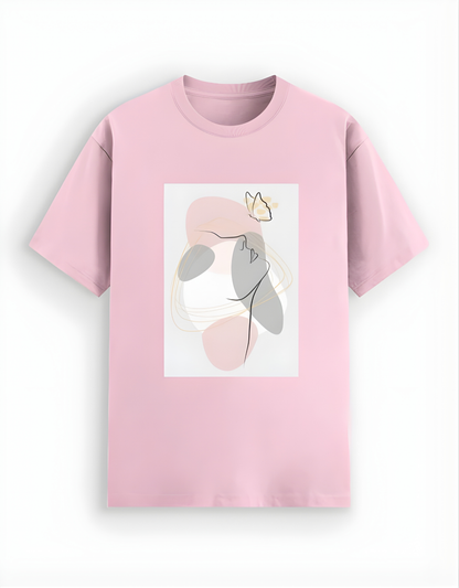 Pink t-shirt with a graphic design on a white background