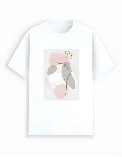White t-shirt with a graphic design of a stylized face on a white background