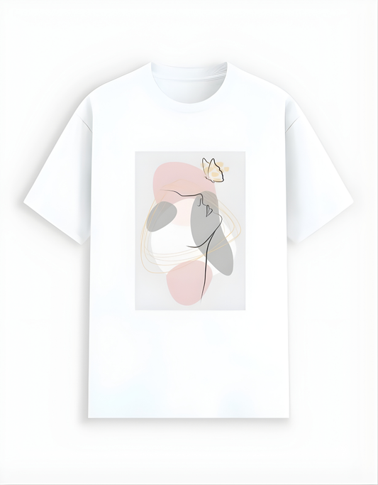 White t-shirt with a graphic design of a stylized face on a white background