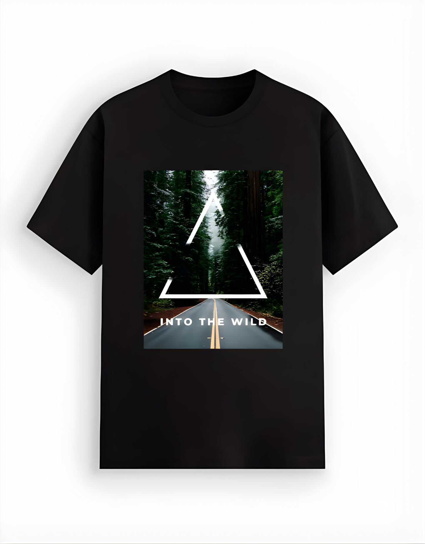 Black t-shirt with a graphic design of a road leading to a forest and 'Into the Wild' text on a white background.