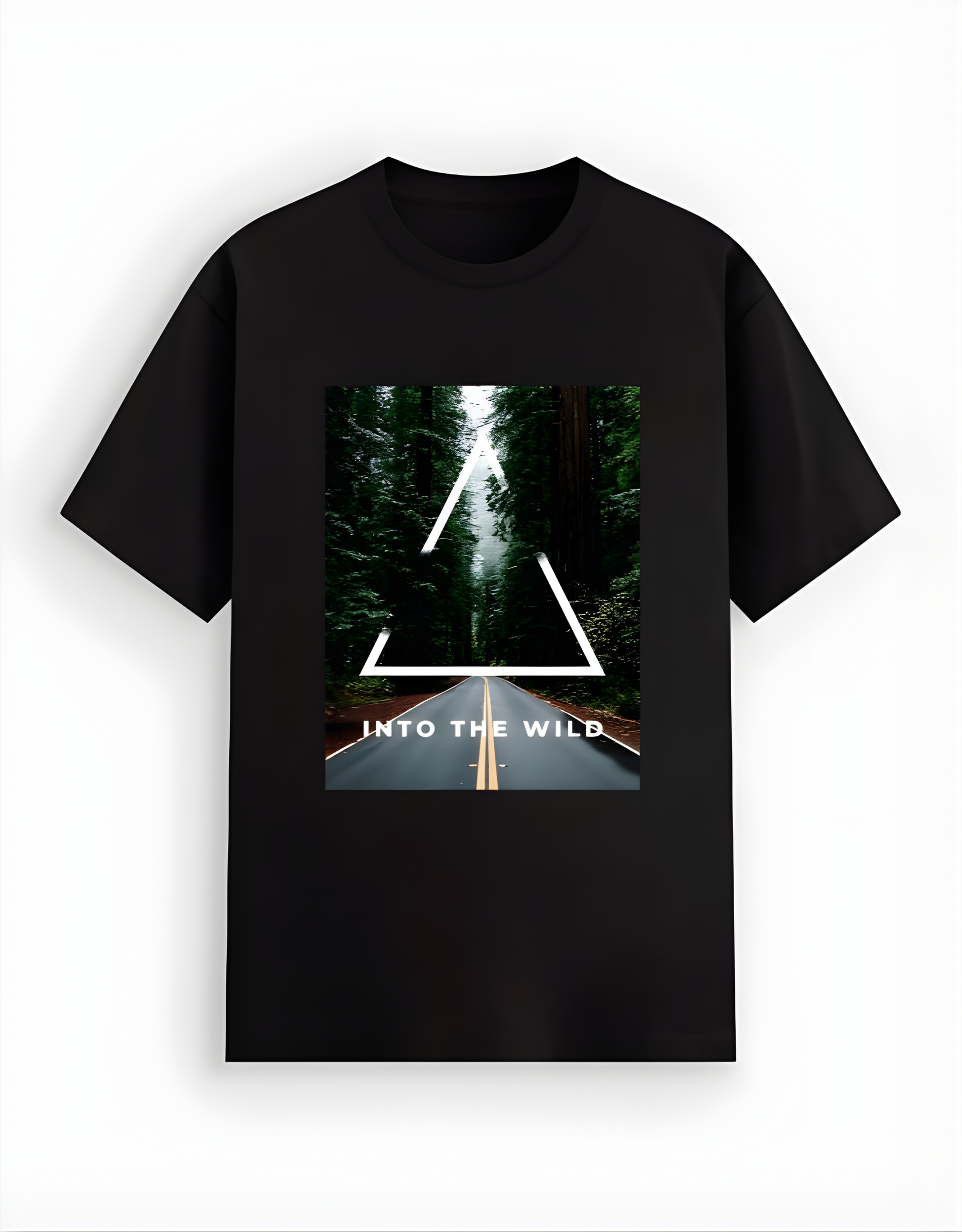 Black t-shirt with a graphic design of a road leading to a forest and 'Into the Wild' text on a white background.