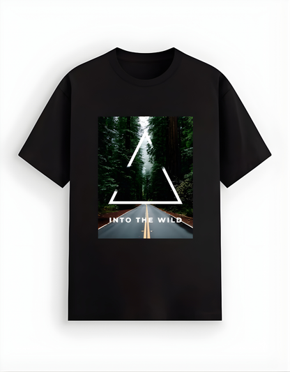 Black t-shirt with a graphic design of a road leading to a forest and 'Into the Wild' text on a white background.