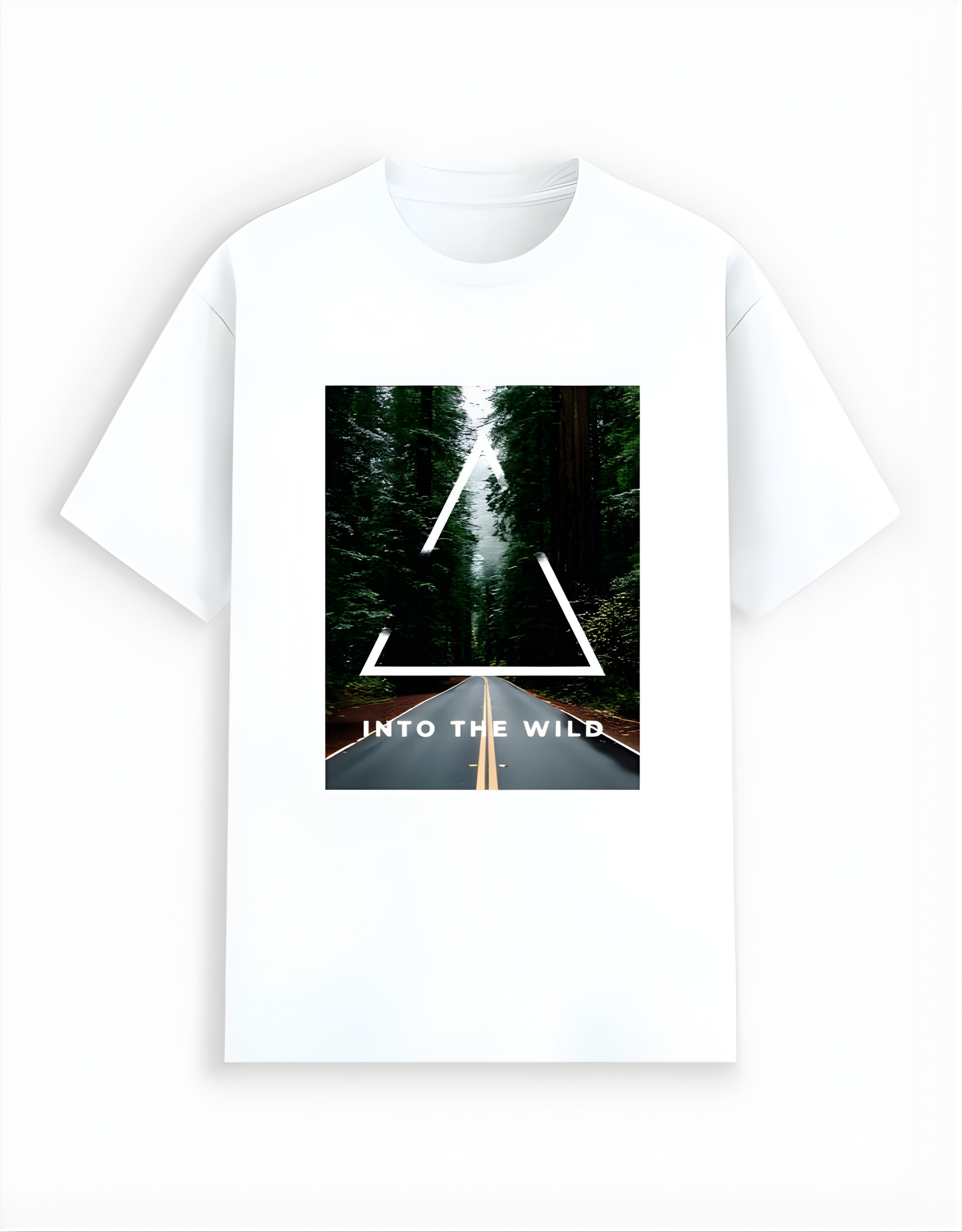 White t-shirt with a graphic design of a road flanked by trees and the text 'Into the Wild' on a white background.