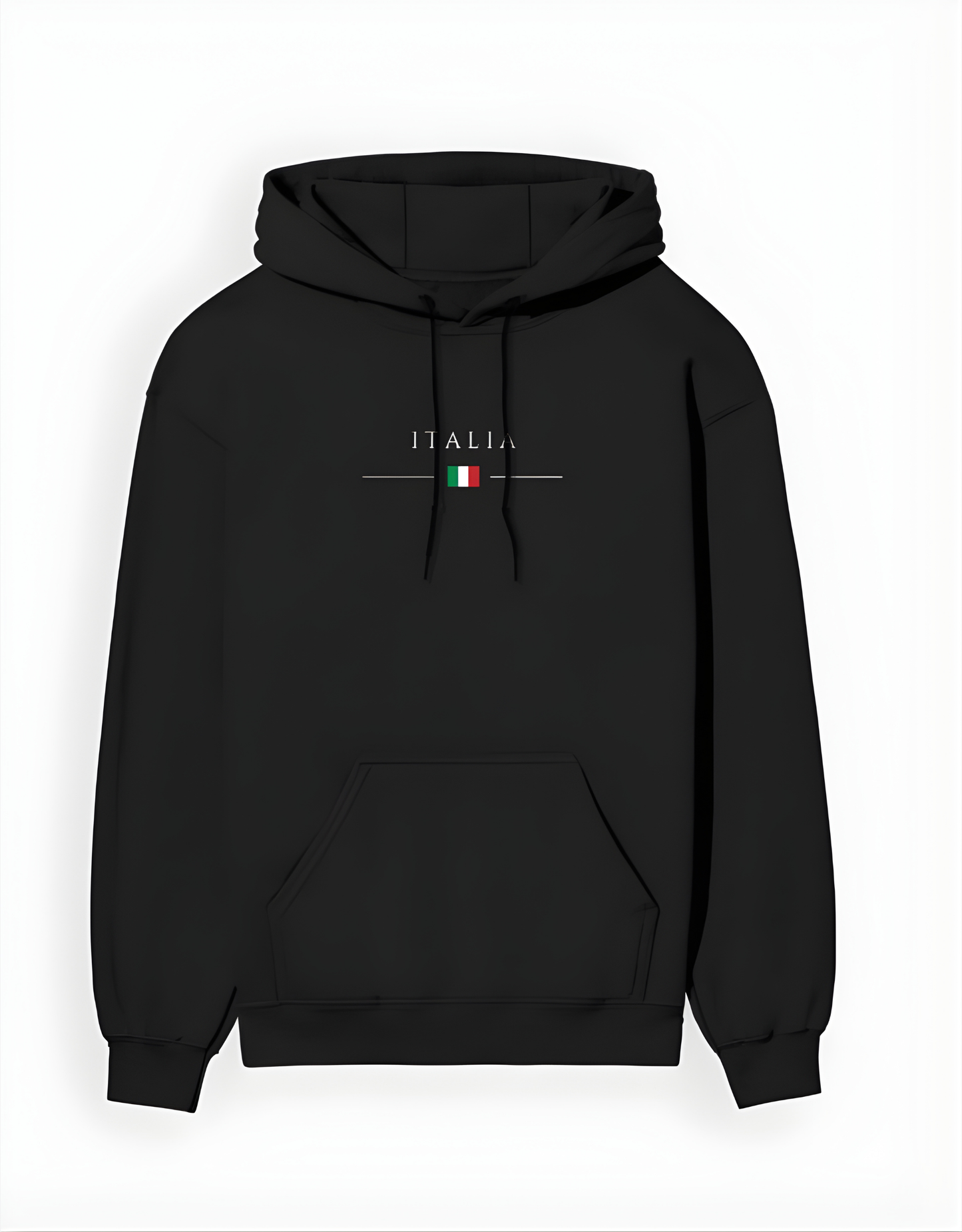 Black hoodie with 'ITALIA' and Italian flag design on a white background