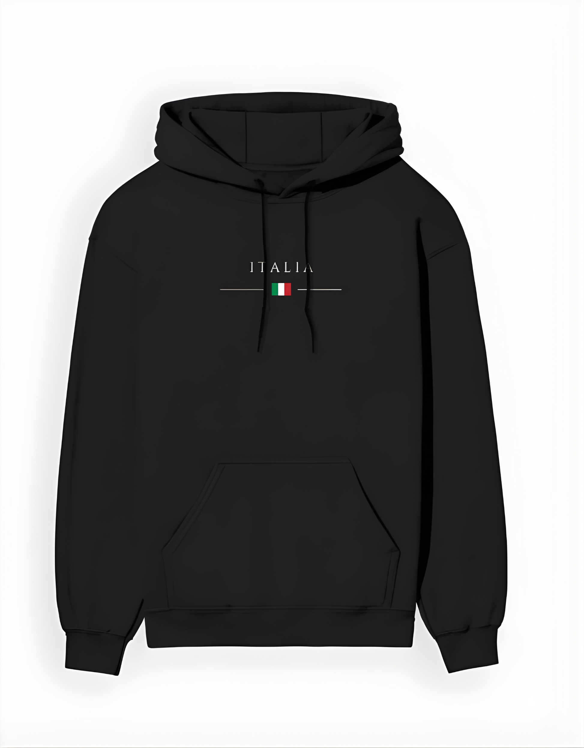 Black hoodie with 'ITALIA' and Italian flag design on a white background