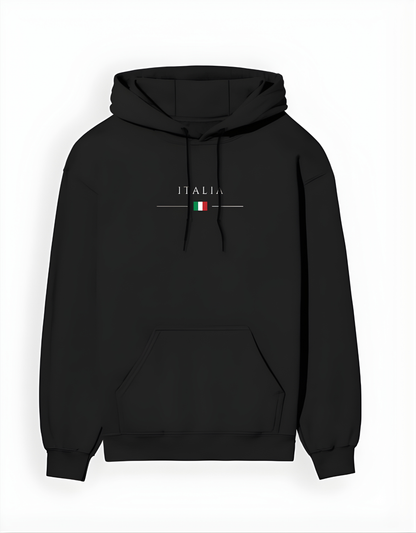 Black hoodie with 'ITALIA' and Italian flag design on a white background