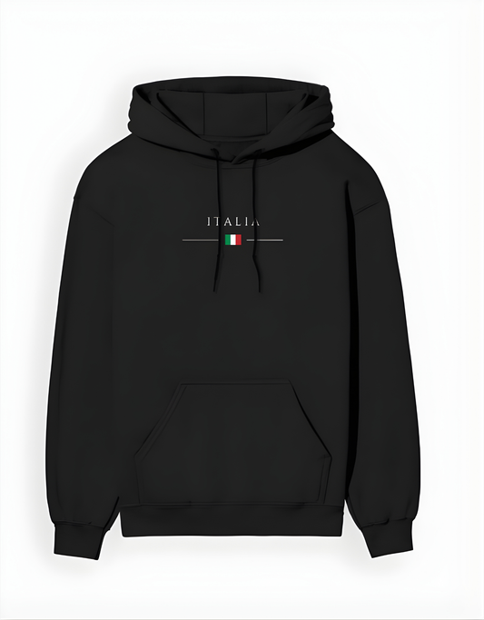 Black hoodie with 'ITALIA' and Italian flag design on a white background