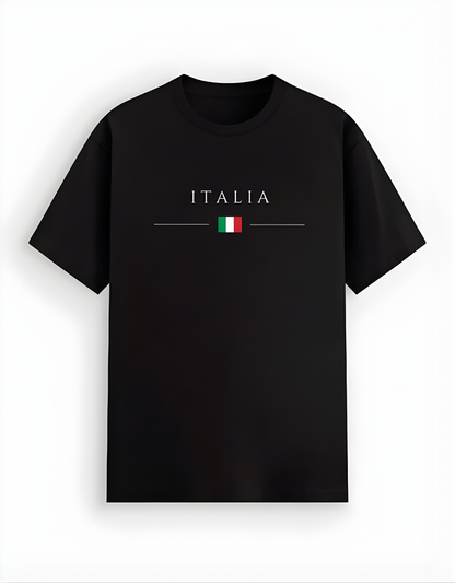 Black t-shirt with 'ITALIA' and Italian flag design on a white background