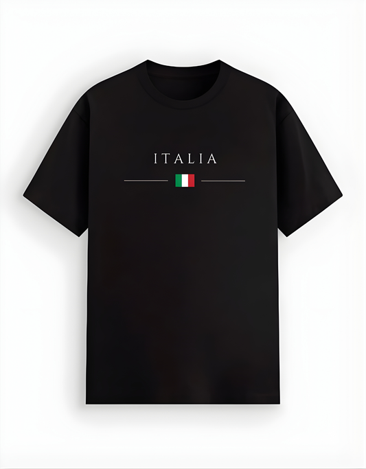 Black t-shirt with 'ITALIA' and Italian flag design on a white background
