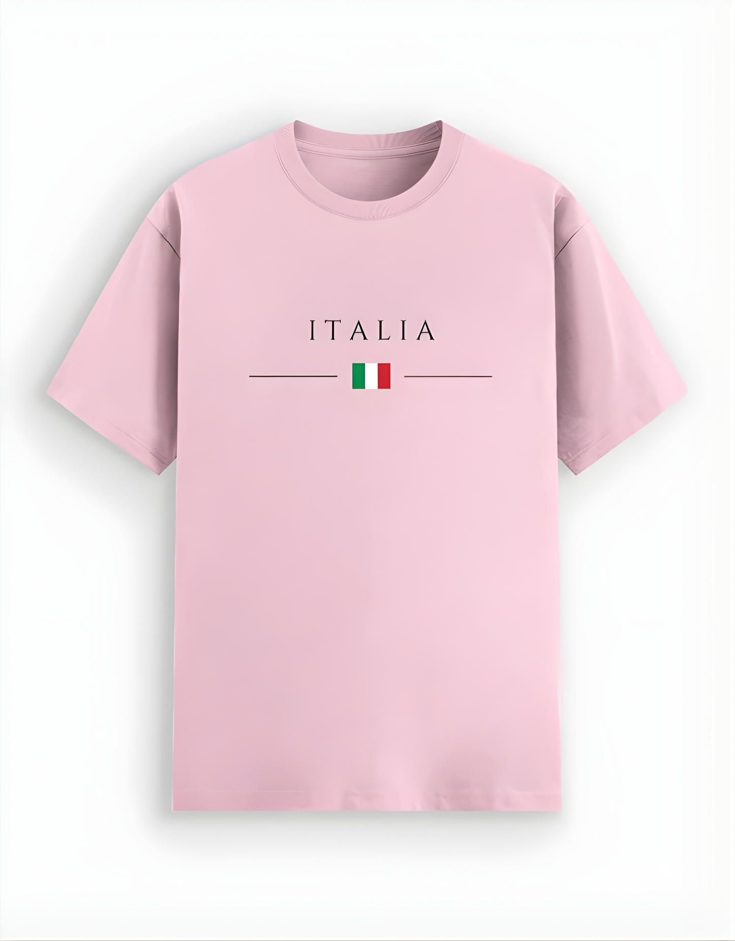 Pink t-shirt with 'ITALIA' and Italian flag design on a white background