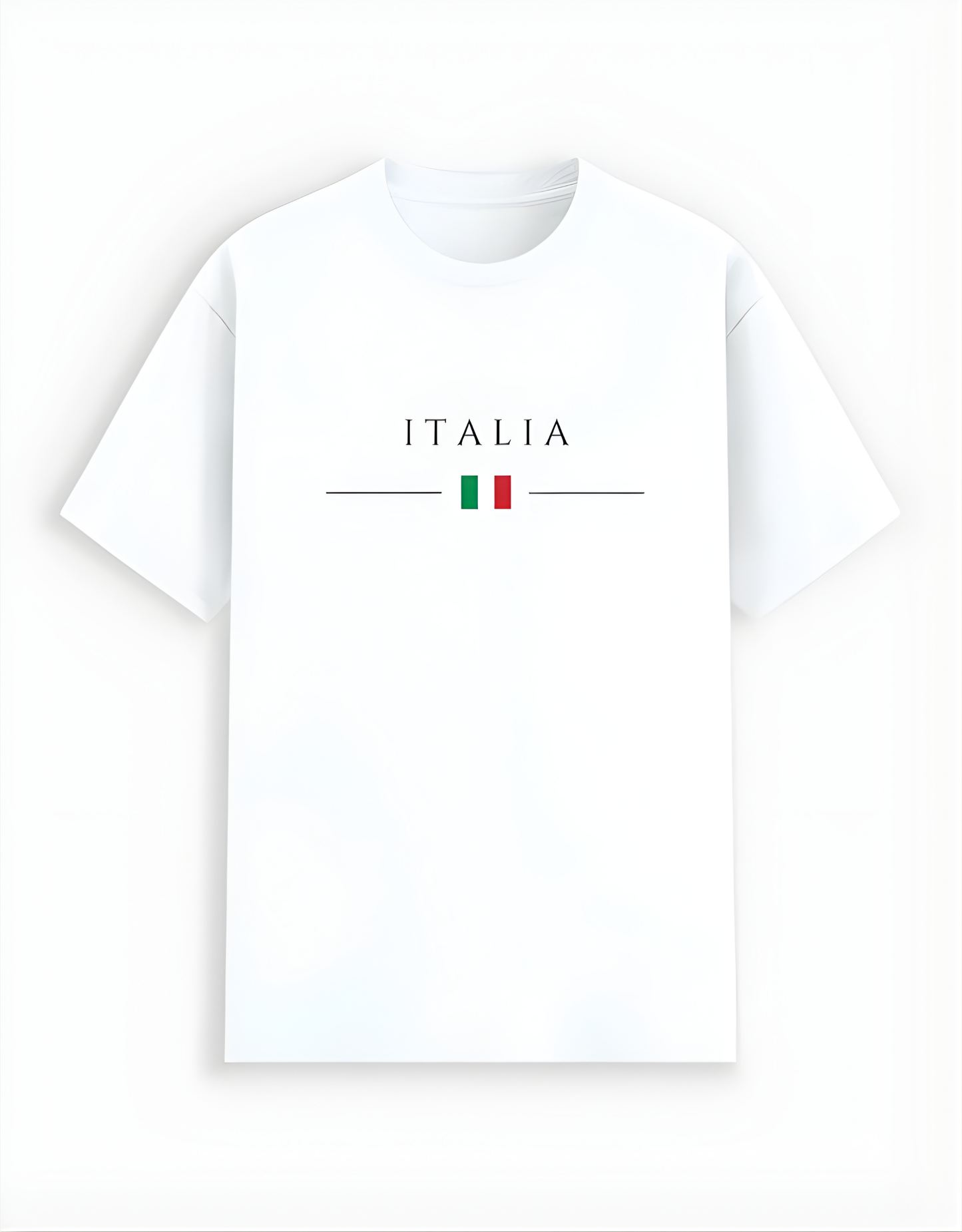 White t-shirt with 'ITALIA' and Italian flag design on a white background