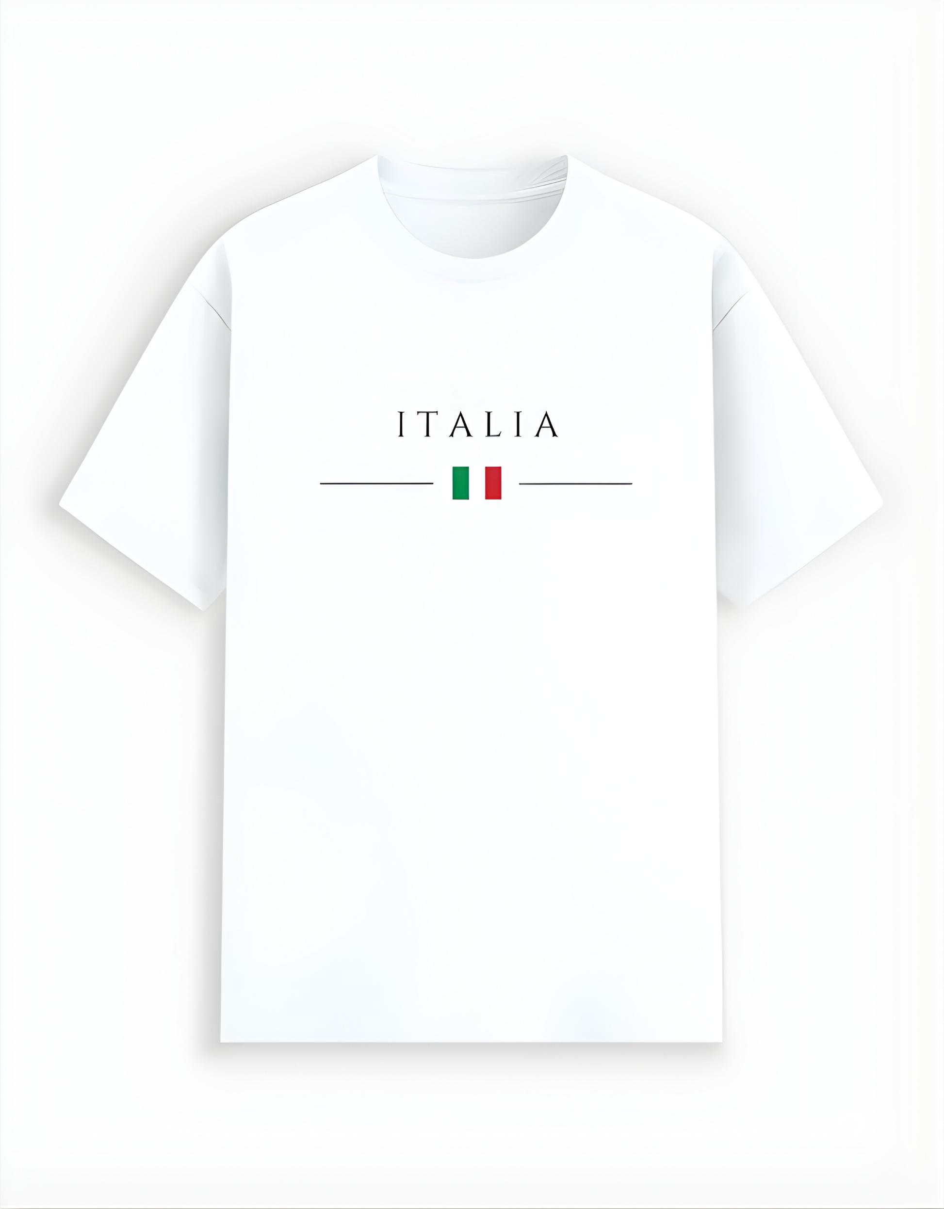 White t-shirt with 'ITALIA' and Italian flag design on a white background