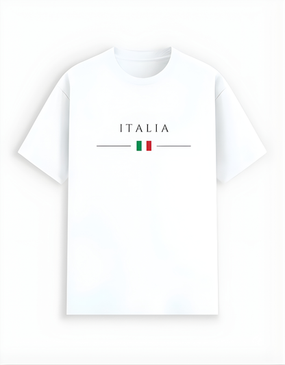 White t-shirt with 'ITALIA' and Italian flag design on a white background