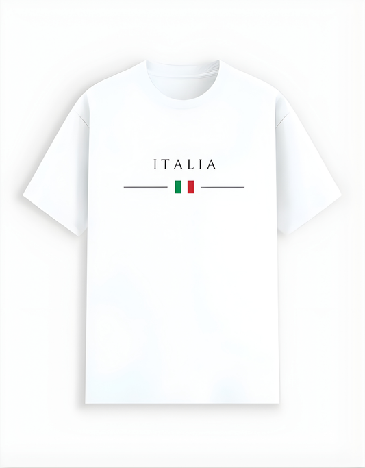 White t-shirt with 'ITALIA' and Italian flag design on a white background