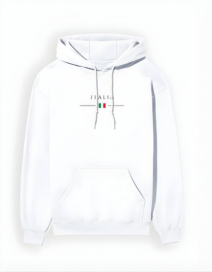 White hoodie with 'ITALIA' and Italian flag design on a white background