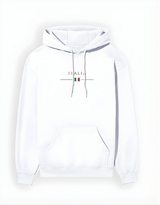 White hoodie with 'ITALIA' and Italian flag design on a white background