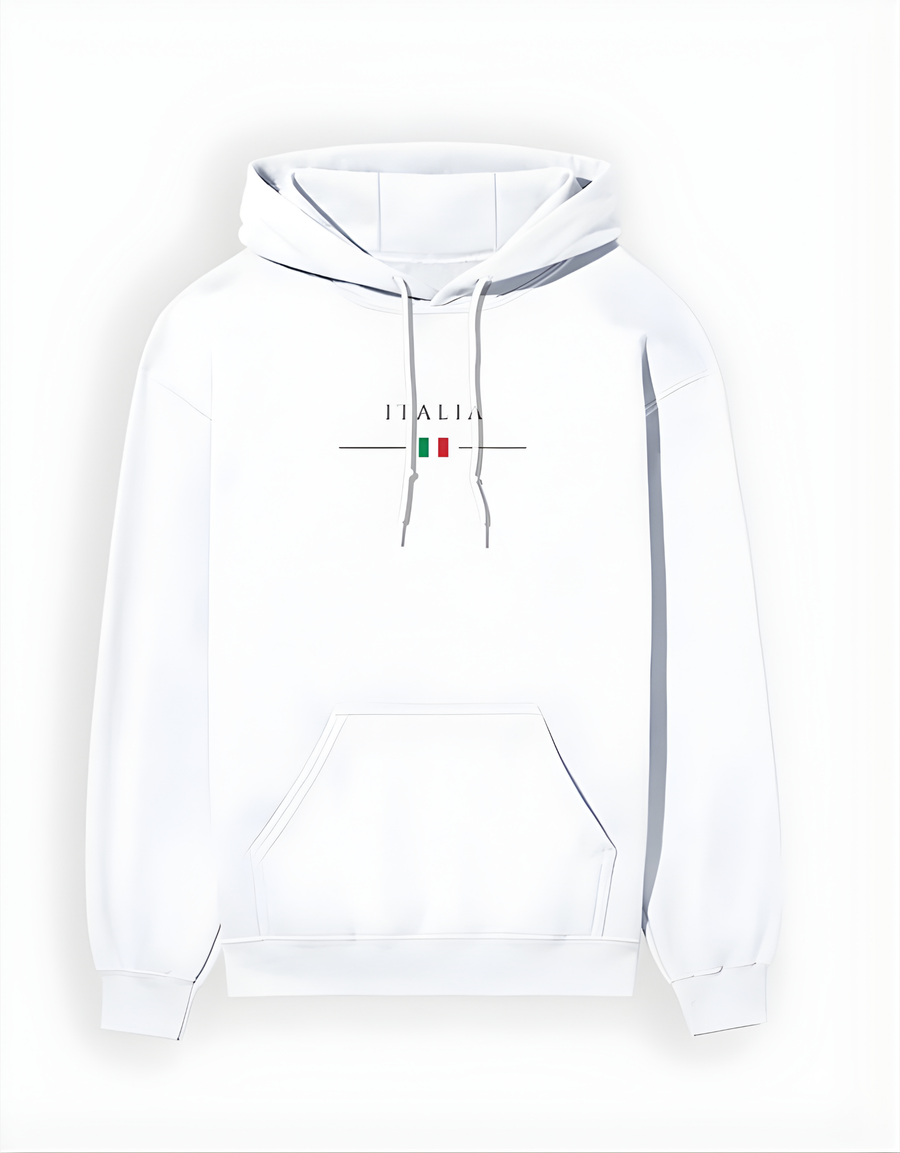 White hoodie with 'ITALIA' and Italian flag design on a white background